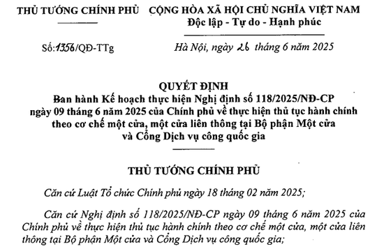 Quyết định 1356/QĐ-TTg: Kế hoạch thực hiện Nghị định 118/2025 về thủ tục hành chính theo cơ chế một cửa
