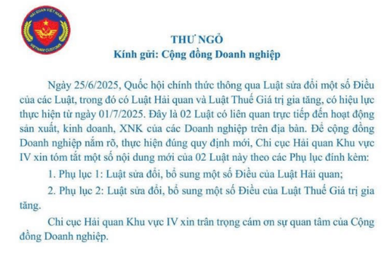 Thư ngỏ về điểm mới Luật Thuế giá trị gia tăng của Chi cục Hải quan Khu vực IV