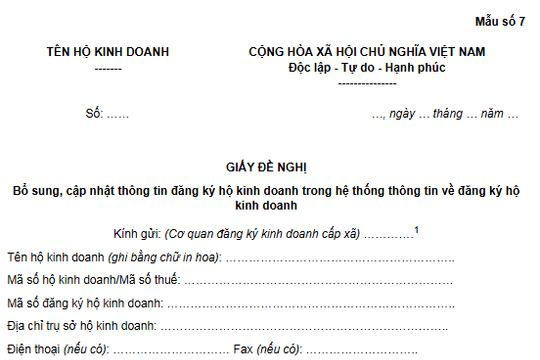 Mẫu giấy đề nghị cập nhật thông tin đăng ký hộ kinh doanh từ 01/7/2025 (Mẫu số 7)
