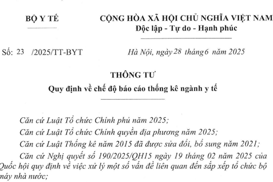 Đã có Thông tư 23/2025/TT-BYT về chế độ báo cáo thống kê ngành y tế