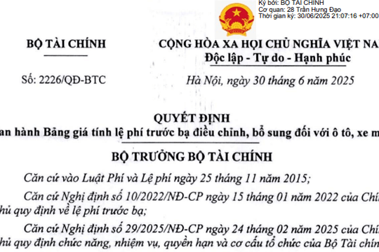 Đã có Quyết định 2226/QĐ-BTC về bảng giá tính lệ phí trước bạ đối với ô tô, xe máy (điều chỉnh, bổ sung)