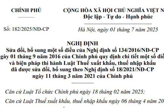 Đã có Nghị định 182/2025/NĐ-CP sửa đổi Nghị định 134/2016 hướng dẫn Luật Thuế xuất khẩu, thuế nhập khẩu