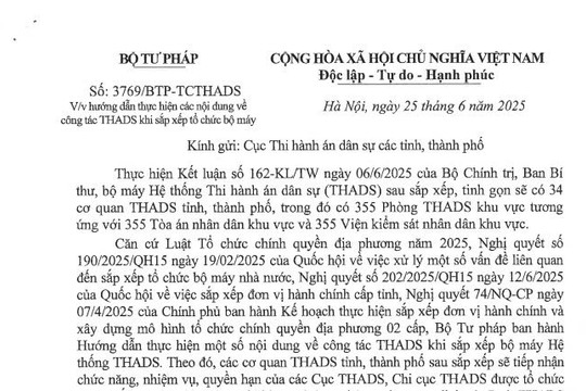 Công văn 3769: Hướng dẫn công tác thi hành án dân sự khi sắp xếp tổ chức bộ máy