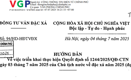 Đã có Hướng dẫn 94/HD-HĐTVĐX về triển khai đặc xá năm 2025 (đợt 2) tại Quyết định 1244/2025/QĐ-CTN