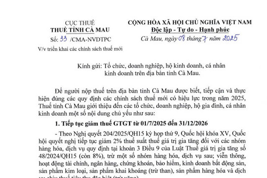 Công văn 33: Hướng dẫn các chính sách mới về thuế GTGT của Thuế tỉnh Cà Mau