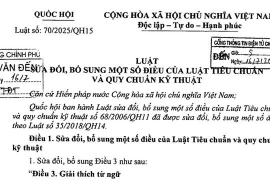 Đã có Luật sửa đổi Luật Tiêu chuẩn và quy chuẩn kỹ thuật 2025 (Luật số 70/2025/QH15)