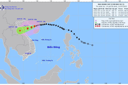 Bão số 3 mạnh lên 1 cấp sau khi vào vịnh Bắc Bộ, cách Quảng Ninh chỉ hơn 100km