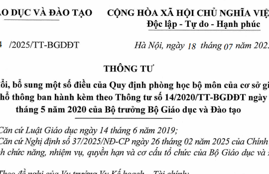 Đã có Thông tư 14/2025/TT-BGDĐT sửa đổi quy định về phòng học bộ môn của cơ sở giáo dục phổ thông