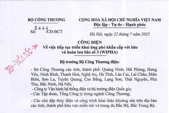 Công điện 5444/CĐ-BCT: Tiếp tục triển khai ứng phó khẩn cấp với bão và hoàn lưu bão số 3 (WIPHA)