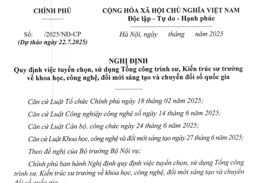 Đã có dự thảo Nghị định tuyển chọn, sử dụng Kiến trúc sư trưởng về khoa học, công nghệ, đổi mới sáng tạo