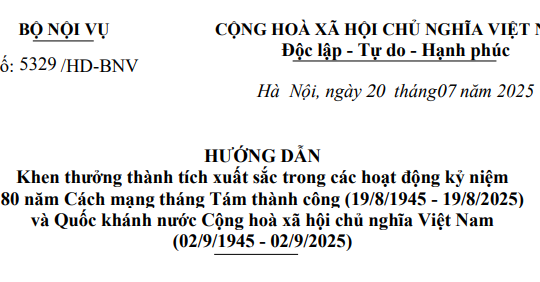 Hướng dẫn khen thưởng thành tích xuất sắc trong các hoạt động kỷ niệm theo Hướng dẫn 5329/HD-BNV