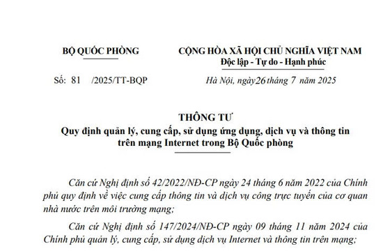 Đã có Thông tư 81/2025/TT-BQP quy định sử dụng ứng dụng và thông tin trên mạng Internet trong Bộ Quốc phòng