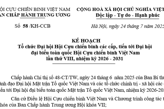 Đã có Kế hoạch 58/KH-CCB tổ chức Đại hội Hội Cựu chiến binh các cấp nhiệm kỳ 2026 - 2031