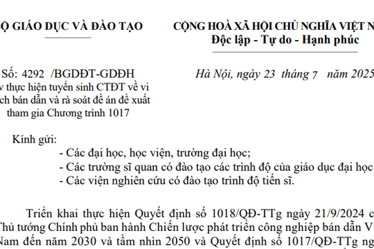Công văn 4292: Bộ GD&ĐT hướng dẫn tuyển sinh chương trình đào tạo về vi mạch bán dẫn