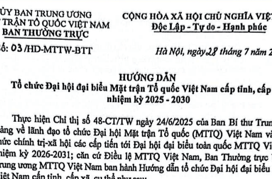 Đã có Hướng dẫn 03/HD-MTTW-BТТ về tổ chức Đại hội đại biểu Mặt trận Tổ quốc Việt Nam nhiệm kỳ 2025-2030