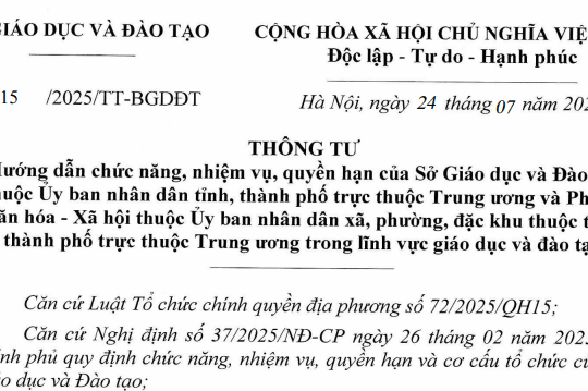 Đã có Thông tư 15/2025/TT-BGDĐT về chức năng nhiệm vụ Sở Giáo dục và Đào tạo và Phòng Văn hóa - Xã hội