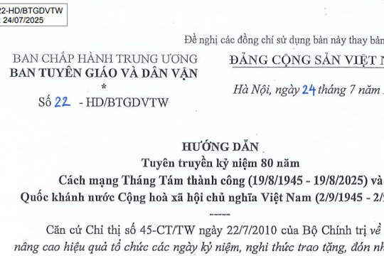 Đã có Hướng dẫn 22-HD/BTGDVTW Tuyên truyền kỷ niệm 80 năm Cách mạng Tháng Tám và Quốc khánh nước CHXHCN Việt Nam