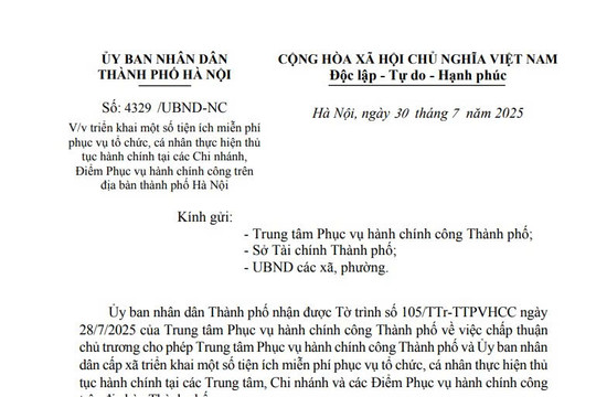 Hà Nội: Các tiện ích miễn phí tại các Chi nhánh và Điểm Phục vụ hành chính công (Công văn 4329)