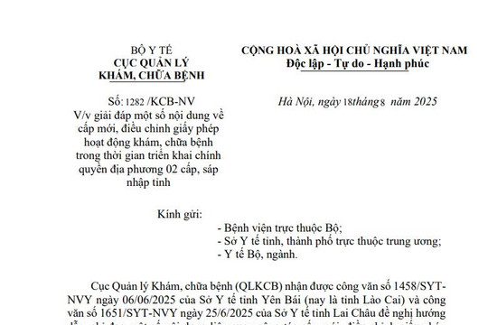 Công văn 1282: Giải đáp về cấp giấy phép khám chữa bệnh khi triển khai chính quyền địa phương 02 cấp và sáp nhập tỉnh thành