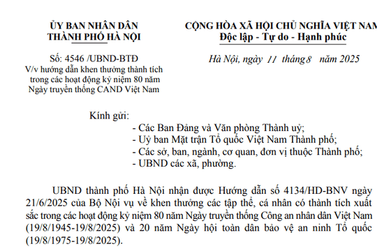 Công văn 4546: Hướng dẫn khen thưởng thành tích trong kỷ niệm 80 năm Ngày truyền thống CAND Việt Nam