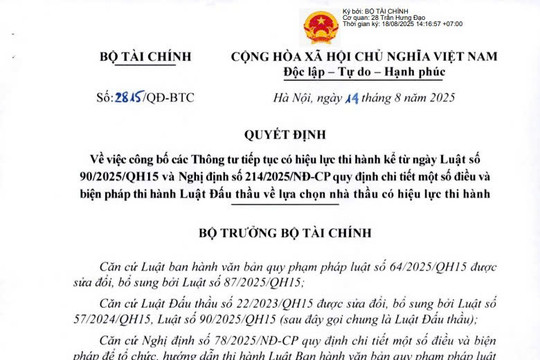 Quyết định 2815/QĐ-BTC: Công bố 02 Thông tư về đấu thầu tiếp tục có hiệu lực thi hành