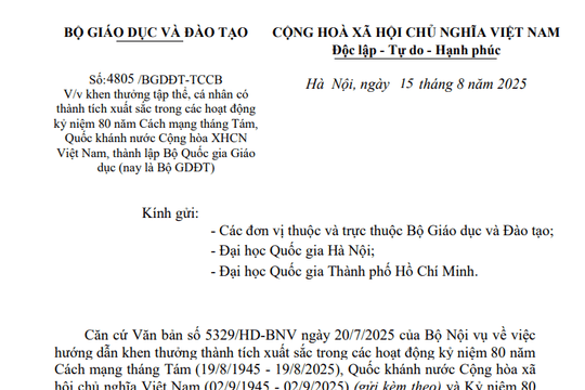 Công văn về khen thưởng tập thể, cá nhân tiêu biểu trong hoạt động kỷ niệm 80 năm Quốc khánh của Bộ Giáo dục
