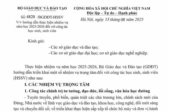 Công văn hướng dẫn nhiệm vụ năm học 2025-2026 với công tác học sinh sinh viên (Công văn 4820/BGDĐT-HSSV)