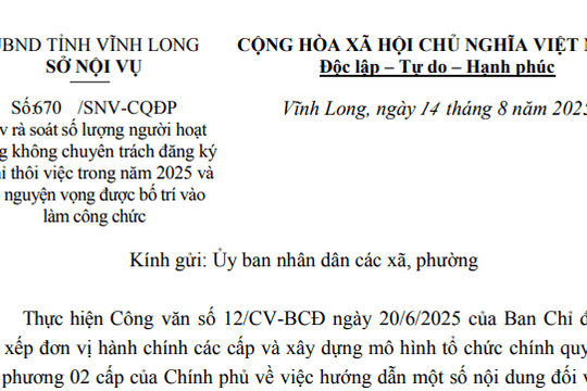 Toàn văn Công văn 670/SNV-CQĐP rà soát cán bộ không chuyên trách nghỉ thôi việc trong năm 2025 tại Vĩnh Long