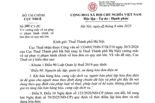 Công văn 3082: Giải đáp vướng mắc về xử phạt vi phạm hành chính về hoá đơn có quy mô lớn