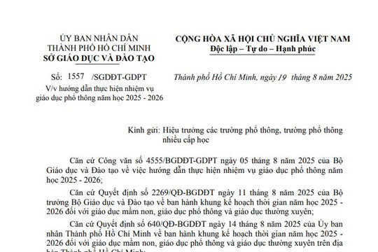 Công văn 1557: Hướng dẫn thực hiện nhiệm vụ giáo dục phổ thông năm học 2025-2026 tại TPHCM