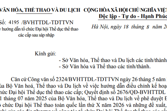 Công văn 4195: Hướng dẫn mới về tổ chức Đại hội Thể dục thể thao các cấp sau sáp nhập