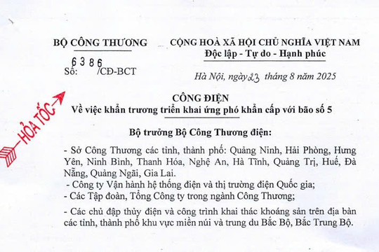 Công điện hỏa tốc khẩn trương triển khai ứng phó khẩn cấp với bão số 5 (bão Kajiki) của Bộ Công Thương