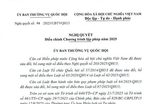 Nghị quyết 94/2025/UBTVQH15: Điều chỉnh Chương trình lập pháp năm 2025