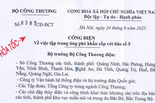 Công điện hỏa tốc về tập trung ứng phó khẩn cấp với bão số 5 của Bộ Công Thương (Công điện 6387)