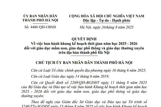 Khung kế hoạch thời gian năm học 2025 - 2026 tại Hà Nội (Quyết định 4400/QĐ-UBND)