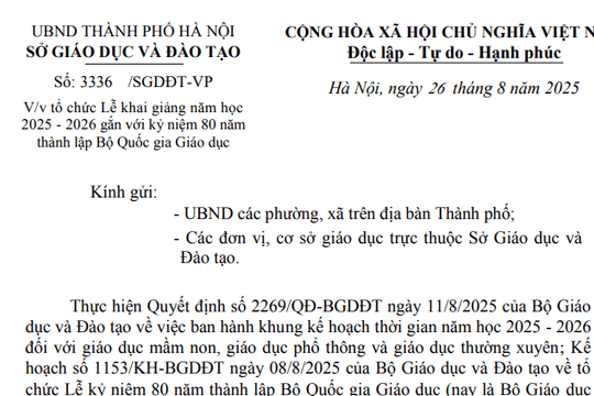 Công văn 3336: Chỉ đạo mới về tổ chức Lễ khai giảng năm học 2025 - 2026 tại Hà Nội