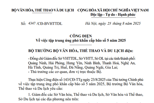 Đã có Công điện 4347/CĐ-BVHTTDL 2025 về việc tập trung ứng phó khẩn cấp bão số 5