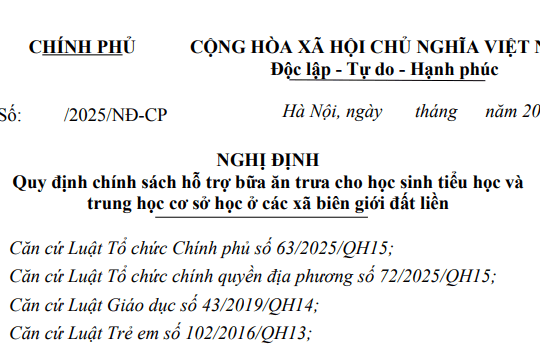 Đã có dự thảo Nghị định về chính sách hỗ trợ ăn trưa cho học sinh tiểu học và THCS ở các xã biên giới đất liền