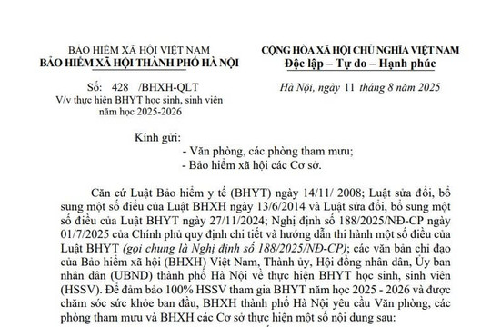 Công văn 428: Hướng dẫn thực hiện BHYT học sinh sinh viên năm học 2025-2026 của BHXH Hà Nội