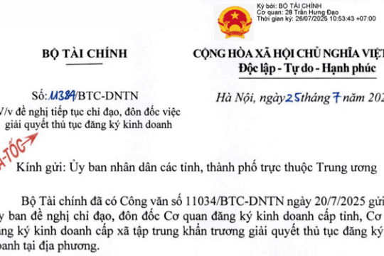 Công văn 11384: Hướng dẫn bổ sung về giải quyết thủ tục đăng ký kinh doanh khi vận hành CQĐP 02 cấp