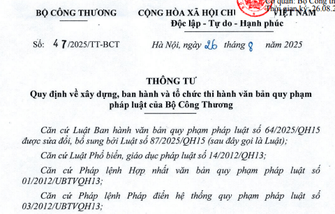 Đã có Thông tư 47/2025/TT-BCT xây dựng và tổ chức thi hành văn bản quy phạm pháp luật của Bộ Công Thương