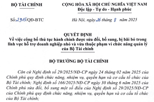 Đã có Quyết định 2915/QĐ-BTC Công bố TTHC lĩnh vực hỗ trợ doanh nghiệp nhỏ và vừa thuộc Bộ Tài chính