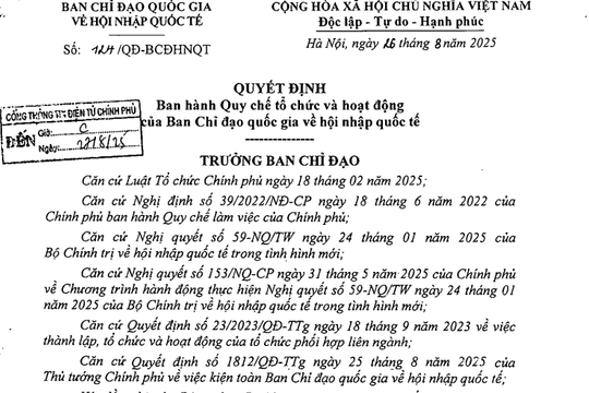 Đã có Quyết định 124/QĐ-BCĐHNQT Quy chế tổ chức và hoạt động của Ban Chỉ đạo quốc gia về hội nhập quốc tế