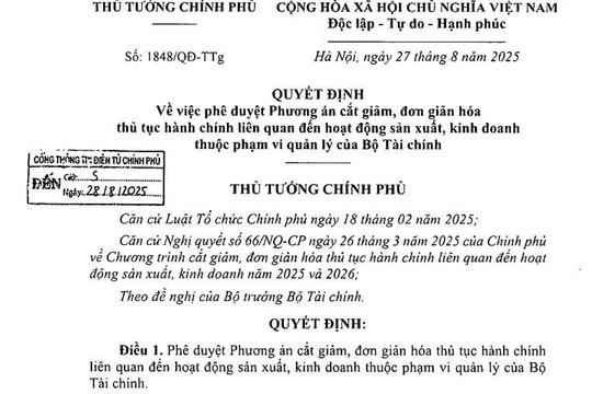 Quyết định 1848/QĐ-TTg: Phương án cắt giảm thủ tục hành chính về sản xuất kinh doanh thuộc quản lý của Bộ Tài chính