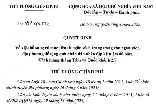 Đã có Quyết định 1867/QĐ-TTg bổ sung ngân sách tặng 100.000 đồng dịp Quốc khánh 2/9/2025