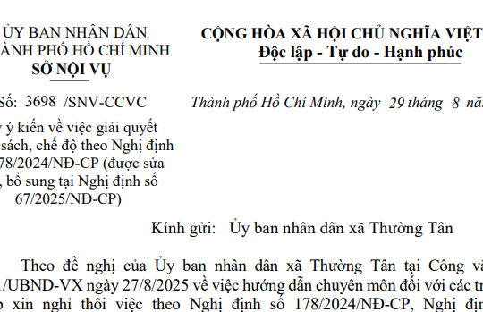 Toàn văn Công văn 3698/SNV-CCVC về giải quyết chế độ chính sách nghỉ việc cho cán bộ công chức tại TP.HCM
