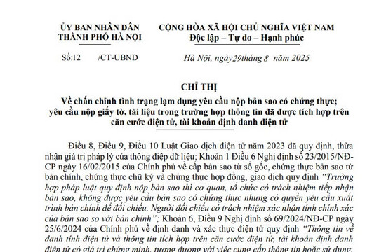 Chỉ thị 12/CT-UBND: Chấn chỉnh tình trạng lạm dụng yêu cầu nộp bản sao có chứng thực tại Hà Nội