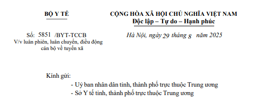 Đã có Công văn 58/BYT-TCCB luân phiên, luân chuyển, điều chuyển cán bộ về tuyến xã