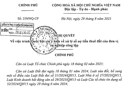 Nghị quyết 259/NQ-CP xin ý kiến về xử lý số nợ tiền thuê đất của đơn vị sự nghiệp công lập