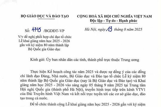 Công văn 4745: Phối hợp tổ chức Lễ Khai giảng năm học 2025- 2026 gắn với kỷ niệm 80 năm thành lập Bộ Quốc gia Giáo dục
